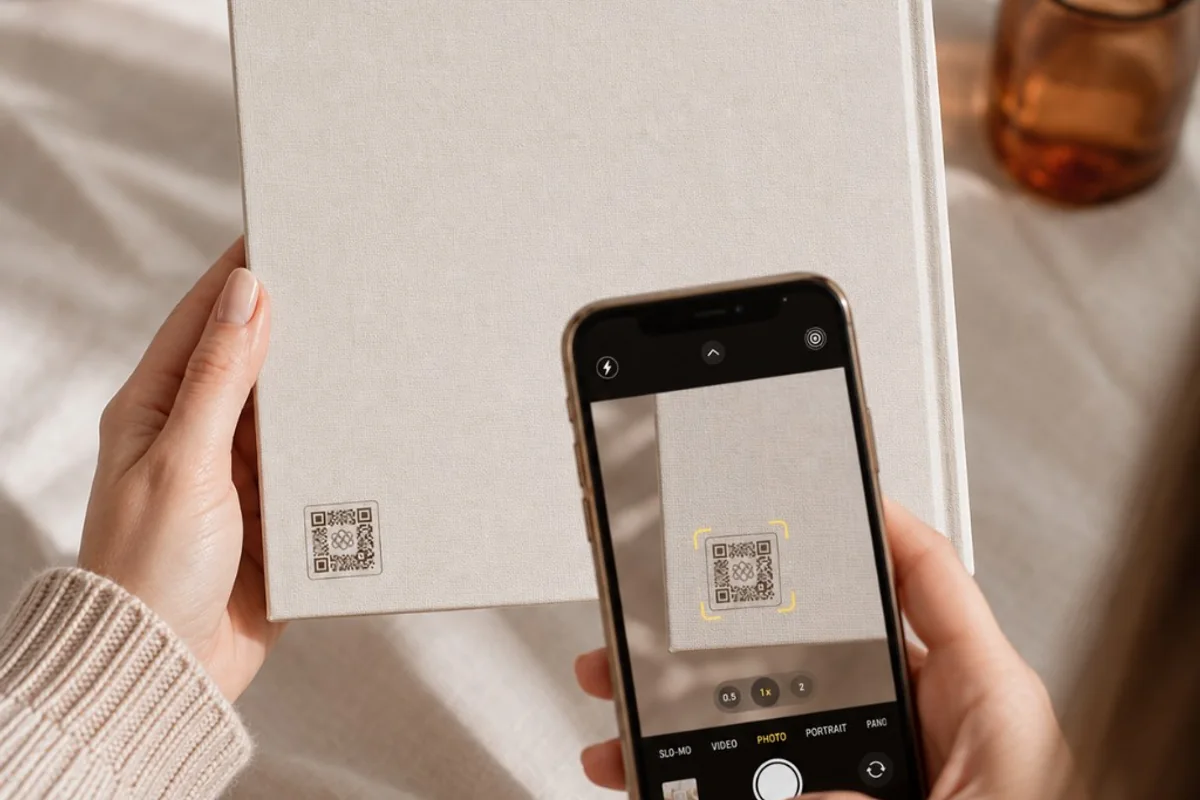 Hands holding a cream linen photo book with a corner QR code, while a phone camera locks onto that code